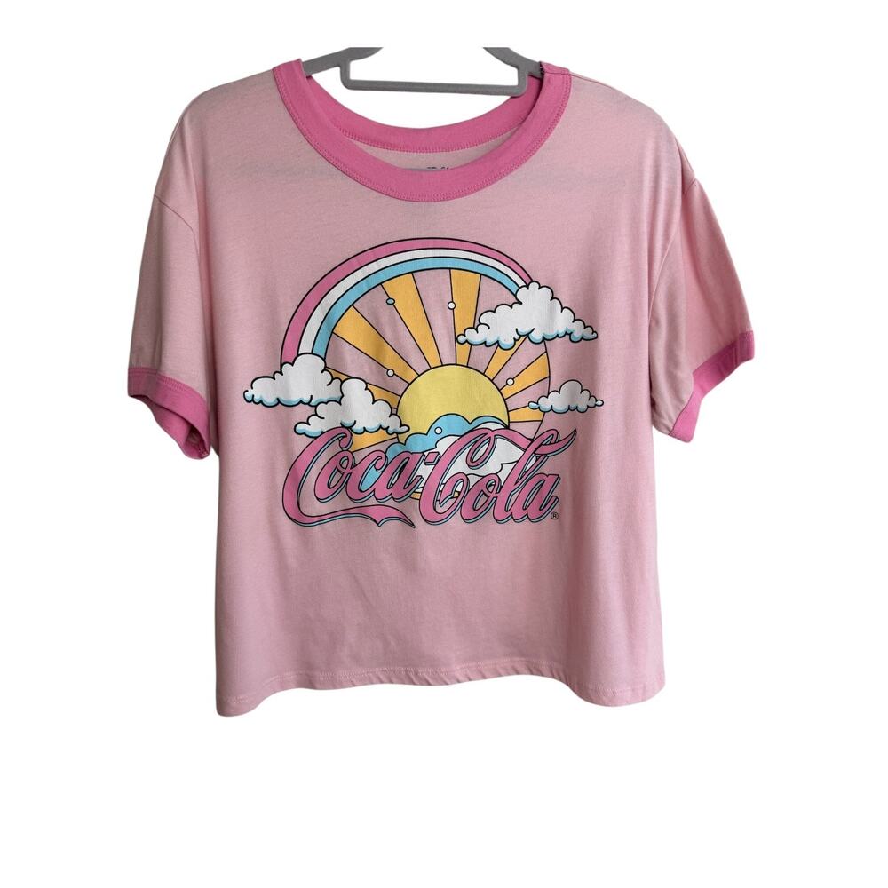Coca-Cola Pink Ringer Crop Graphic Short Sleeve Tee XL Women's Rainbow Retro Y2K
